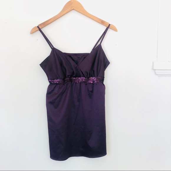 Express Tops - Express Purple Silky Sequin Band Spaghetti Strap Tank Top